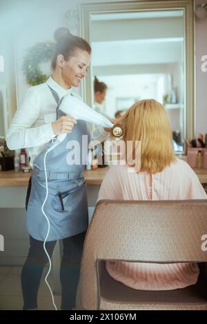 coiffeur femme d'âge moyen dans un salon de beauté moderne avec brosse à cheveux et cheveux soufflés client avec sèche-cheveux. Banque D'Images