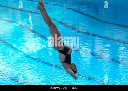 Turin, Italie. 13 avril 2024. Italie, Turin 13/14 avril 2024 Piscina monumentale Turin UnipolSai Open Italian Indoor Diving Championships Elena Bertocchi Centro sportivo Esercito concourt à la médaille d'or féminine de plongeon de 1 m (photo de Tonello Abozzi/Pacific Press) crédit : Pacific Press Media production Corp./Alamy Live News Banque D'Images