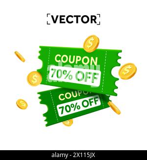 3d couple de coupons verts avec pourcentage de code promotionnel avec des pièces d'or. coupon 3d, icône coupon 3d. Bon cadeau et modèle de pièce d'or. illustration vectorielle 3d. Illustration vectorielle Illustration de Vecteur