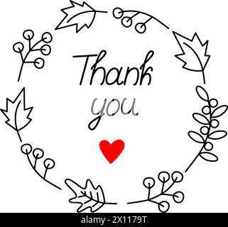 Lettrage Merci avec la forme de coeur rouge dans la couronne décorative d'automne de brindilles dans le style minimaliste Line art vecteur Thanksgiving salutations idée calligraphique pour les cartes, affiche, impression ou web Isolate EPS Illustration de Vecteur