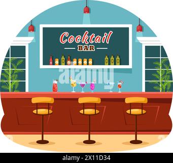 Bar à cocktails ou discothèque illustration vectorielle d'amis traînant avec des boissons alcoolisées de jus de fruits ou des cocktails en fond de dessin animé plat Illustration de Vecteur