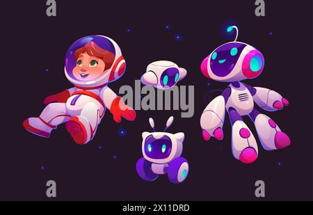 Enfant astronaute en costume avec casque et robots cosmonautes mignons flottant dans l'espace. Illustration vectorielle de dessin animé de petit enfant astronome avec assistant robotique ou ami pour l'aventure cosmos. Illustration de Vecteur