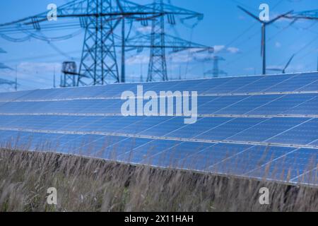 Symbolbild Strom und Energie Deutschland, Wustermark Brandenburg : Photovoltaik Farm mit Hochspannungsmaste im Hintergrund. *** Image symbolique électricité et énergie Allemagne, Wustermark Brandenburg ferme photovoltaïque avec des pylônes à haute tension en arrière-plan Banque D'Images