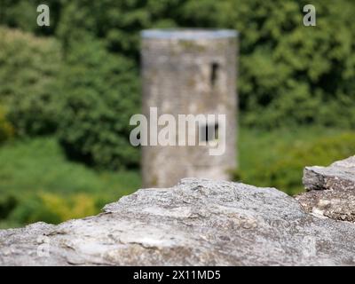 Ancienne pierre sur le fond de la tour antique, château de Blarney en Irlande, ancienne forteresse celtique Banque D'Images