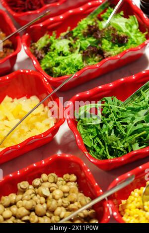 Buffet de salades coloré présentant une gamme d'ingrédients frais pendant le brunch Banque D'Images