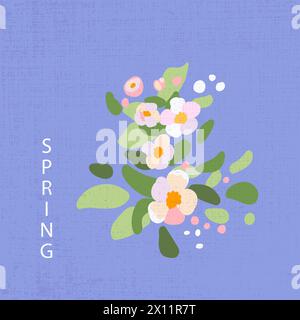 Affiche de printemps carré fleurs traditionnelles branche d'arbre de pomme bleu modèle bannière de vacances salutations texture pétales roses dessinés à la main feuilles vertes illustration vectorielle Illustration de Vecteur