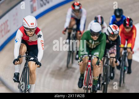 Milton, Canada. 14 avril 2024. Photo par Alex Whitehead/SWpix.com - 14/04/2024 - cyclisme - Coupe des Nations Tissot UCI Track - 3ème manche : Milton - Centre national de cyclisme Mattamy, Milton, Ontario, Canada - qualification Omnium féminine - Jasmin Liechti de Suisse crédit : SWpix/Alamy Live News Banque D'Images