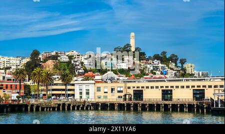 Coit Tower sur Telegraph Hill vue depuis le Pier 7 à San Francisco - Californie, États-Unis Banque D'Images