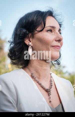 Rabat, Maroc. 15 avril 2024. La ministre des Affaires étrangères Hadja Lahbib photographiée pendant à la résidence de l'ambassadeur de Belgique au Maroc, à Rabat, dimanche 14 avril 2024. Plusieurs membres du gouvernement fédéral belge et entrepreneurs belges sont en visite officielle au Maroc du 14 au 16 avril 2024. BELGA PHOTO HATIM KAGHAT crédit : Belga News Agency/Alamy Live News Banque D'Images