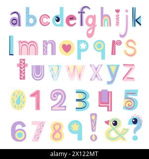 Lettres anglaises et chiffres de couleurs pastel pour les enfants. Police Doodle pour affiche de pépinière, cartes, t-shirts. Illustration vectorielle dessinée à la main Illustration de Vecteur