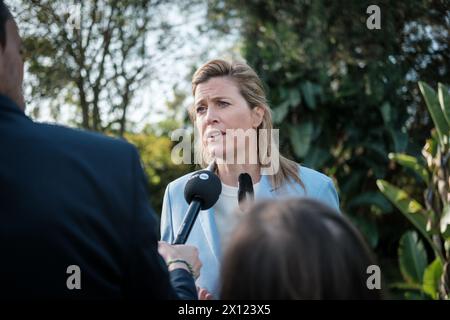 Rabat, Maroc. 15 avril 2024. La ministre de l'intérieur Annelies Verlinden photographiée pendant à la résidence de l'ambassadeur de Belgique au Maroc, à Rabat, dimanche 14 avril 2024. Plusieurs membres du gouvernement fédéral belge et entrepreneurs belges sont en visite officielle au Maroc du 14 au 16 avril 2024. BELGA PHOTO HATIM KAGHAT crédit : Belga News Agency/Alamy Live News Banque D'Images