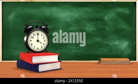 Concept d'éducation avec horloge et livre sur tableau vert Banque D'Images