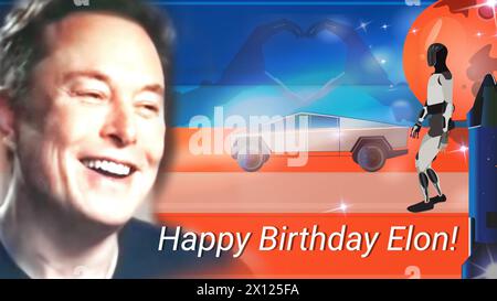 Portrait Elon Musk, robot Tesla Optimus, Tesla Cybertruck. Joyeux anniversaire Elon. Banque D'Images