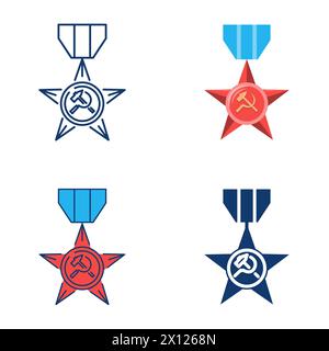 Icône de médaille d'étoile soviétique dans le style plat et ligne. Prix militaire de l'URSS. Illustration vectorielle. Illustration de Vecteur