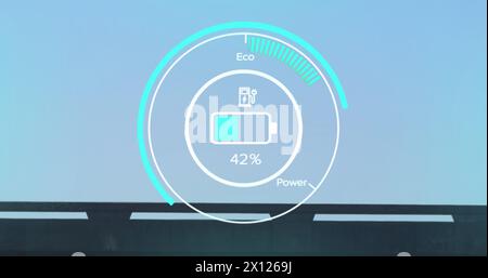 Image du niveau de batterie sur timelapse avec des voitures sur fond bleu Banque D'Images