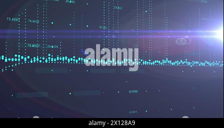 Image de graphiques, de nombres croissants et de reflets d'objectif sur fond abstrait Banque D'Images