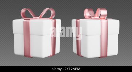 Boîtes cadeaux avec rubans, boîtes blanches 3d réalistes avec des noeuds en or rose. Cadeau surprise Illustration de Vecteur