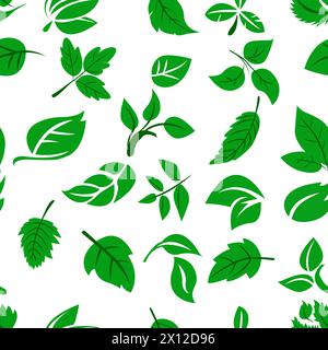 Un motif sans couture avec un éventail de feuilles vertes de différentes formes et tailles dispersées sur un fond blanc, idéal pour le tissu ou le papier peint Illustration de Vecteur