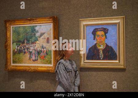 Londres 15 avril 2024 . L-R FERDINAND DU PUIGAUDEAU (1864-1930) sortie de la Chapelle notre-Dame-de-Trémalo (Pont-Aven), estimation : £20 000 - £30,000, Alexej von Jawlensky (1864-1941), Bretonin. Montant estimatif : 300 000 à 500 000 £. Aperçu de Bonhams Impresionist Sale . La vente a lieu à Bonhams New Bond Stree ton 18 avril crédit : amer Ghazzal/Alamy Live News Banque D'Images