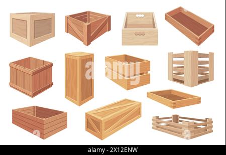 Boîtes en bois. Caisses et paquets en bois de dessin animé, boîtes en bois fermées et ouvertes avec un contenu différent, emballage en bois pour la cargaison. Ensemble de vecteurs Illustration de Vecteur