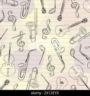 Instruments de musique éléments sax trombone guitare notes basse doodle dessin animé ligne design abstrait. Illustration de Vecteur