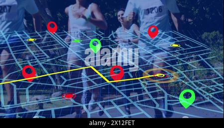 Schéma de lignes de carte de navigation épinglé par navigateur contre un groupe de personnes diverses qui courent un marathon Banque D'Images