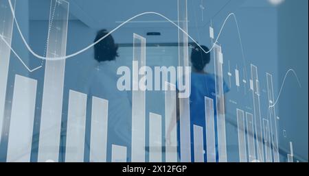 Image de graphiques financiers sur la vue arrière de diverses femmes médecins en cours d'exécution Banque D'Images