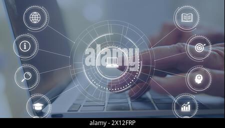 Image d'icônes d'éducation tombant au-dessus d'une personne utilisant un ordinateur portable Banque D'Images