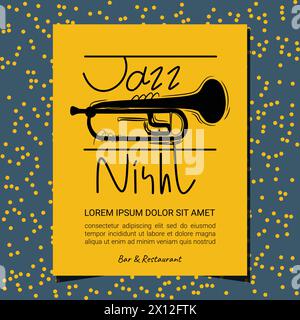 Jazz Night dessiné à la main texte typo typographie trompette instrument de conception d'œuvres d'art minimale. Illustration de Vecteur