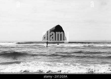 Surfeurs attrapant une vague devant Haystack Rock dans l'Oregon Banque D'Images