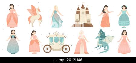 Mignonne princesse fée. Petites filles de dessin animé en robe de princesse avec château médiéval et dragon, personnages fantastiques avec des émotions différentes. Vecteur Illustration de Vecteur