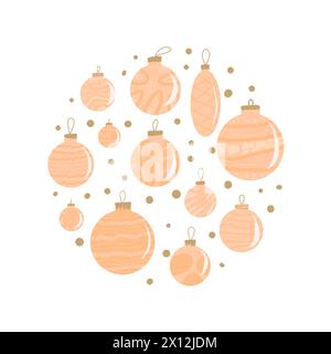 Composition de cercles de boules de verre ornées de Noël. Joyeux Noël concept de jouets dessinés à la main en forme ronde. Symboles festifs des fêtes. Bonne année. V Illustration de Vecteur