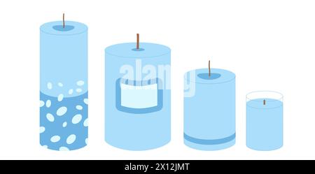 Ensemble de bougies piliers en cire. Bougie aromatique bleu fait à la main isolé sur fond blanc. Temps hygge. Décoration maison aromathérapie et relaxation. Vecteur ha Illustration de Vecteur