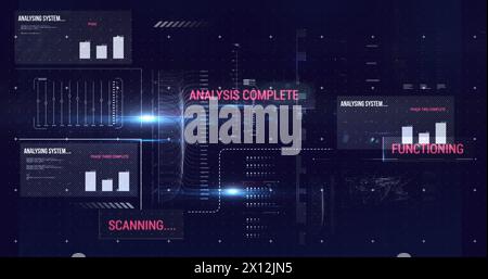Image de nombres changeant et de traitement des données sur la lumière incandescente sur la grille sur fond violet Banque D'Images