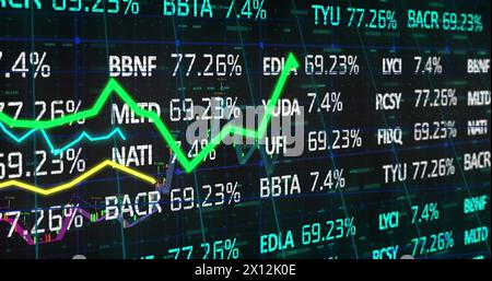 Image de graphiques multicolores au-dessus d'une table de négociation et de chiffres sur fond noir Banque D'Images