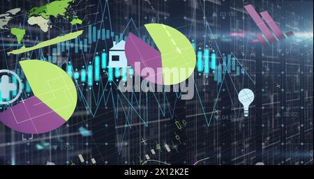 Image d'icônes flottantes, lumière parasite se déplaçant sur l'interface infographique sur fond abstrait Banque D'Images