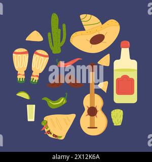 Emblème rond mexicain. Éléments de collection Cinco de Mayo en forme de cercle. Outils musicaux, cuisine traditionnelle. Fêtes et traditions mexicaines. Vecteur Illustration de Vecteur