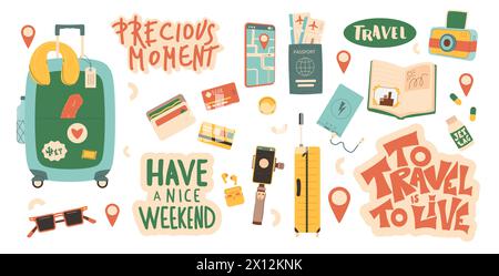 Ensemble de voyage avec des autocollants de citations de lettrage dessinés à la main. Collection d'accessoires de tourisme. Eléments de voyage isolés sur fond blanc. Vacances week-end vaca Illustration de Vecteur