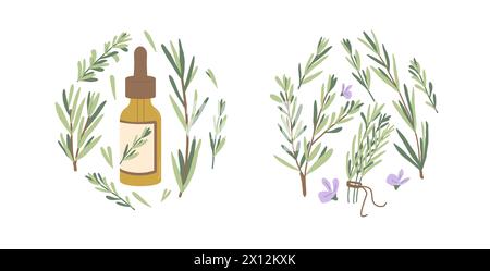 Emblèmes de cercle d'huile essentielle de romarin ensemble isolé sur fond blanc. Bouteille compte-gouttes en verre avec branche d'herbes avec des feuilles vertes et des fleurs de romarin R Illustration de Vecteur