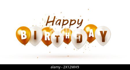 Carte de voeux joyeux anniversaire avec des ballons à air dorés et blancs sur fond sombre. Conception de vacances pour carte de voeux, affiche de fête, modèle de bannière .. Illustration vectorielle Illustration de Vecteur