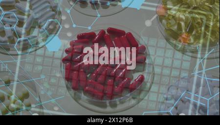 Image de brin d'adn et de formule chimique sur des pilules sur fond blanc Banque D'Images