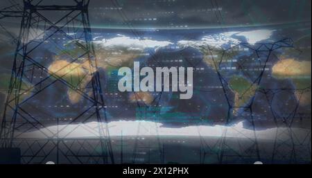 Image du traitement des données et de l'électricité pylônes sur la carte du monde Banque D'Images