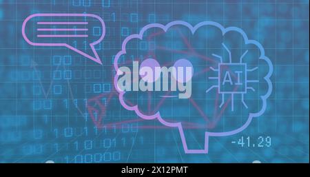 Image d'un texte ai dans un cerveau animé sur des codes binaires en boucle sur fond abstrait Banque D'Images