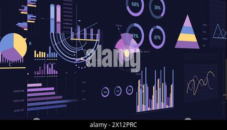 Image de l'interface avec les scanners ronds et le traitement des données statistiques sur fond bleu Banque D'Images