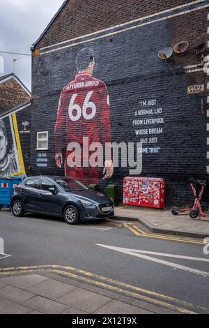 Peinture murale Trent Alexander-Arnold sur un mur à Anfield, Liverpool Banque D'Images
