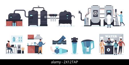 Procédé de purification d'eau. Ligne de production de traitement de l'eau, industrie chimique, puits d'eau avec pompe, usine de traitement de l'eau. Illustration vectorielle Illustration de Vecteur