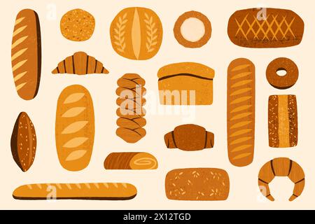 Pain maison. Assortiment de boulangerie dessiné à la main de produits naturels, petits pains frais baguette croissant bagel muffin, savoureux petit déjeuner. Ensemble de vecteurs Illustration de Vecteur