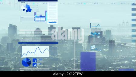 Image de plusieurs graphiques et tableau de trading au-dessus de la vue aérienne de la ville moderne contre le ciel Banque D'Images