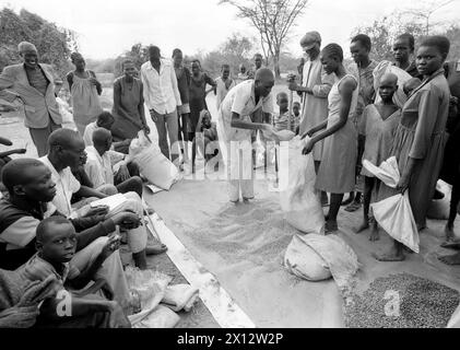 KEN , KENIA : Familien , die Opfer der Duerre geworden sind , bekommen in einem Feeding Centre in Wajir mais und Hirse , Juni 1992 KEN , KENYA : les victimes de la sécheresse obtiennent du maïs / maïs dans un centre d'alimentation à Wajir , juin 1992 *** KEN , les victimes de la sécheresse AU KENYA obtiennent du maïs et du mil dans un centre d'alimentation à Wajir , juin 1992 KEN , KENYA les victimes de la sécheresse obtiennent du maïs dans un centre d'alimentation à Wajir , juin 1992 Banque D'Images