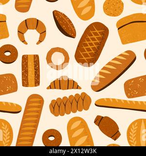 Motif de pain. Impression sans couture de produits de boulangerie avec baguettes croissants bagels bretzels, bande dessinée de nourriture fraîche cuite au four. Texture vectorielle Illustration de Vecteur